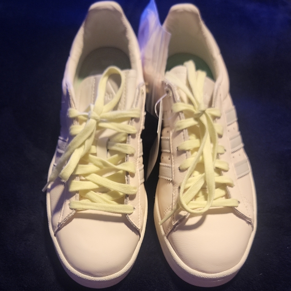 adidas White Sneakers with Pale Yellow Laces and Green Insole